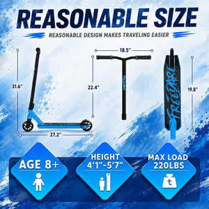 A promotional size chart for a Freedare brand kick scooter. The graphic features a blue and black scooter with dimension lines indicating its height (31.