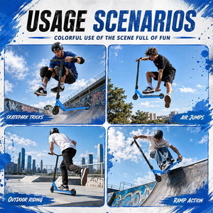 Promotional graphic titled 'USAGE SCENARIOS' showing four action photos of a person riding a blue and black scooter in skatepark, air jumps, outdoor riding, and ramp action. The layout uses a blue-and-white splatter design with text labels for each scene.