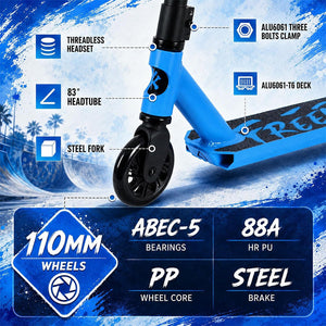 Blue and black kick scooter with feature callout graphics and text overlays detailing its specifications, including 110mm wheels, ABEC-5 bearings, and steel fork.