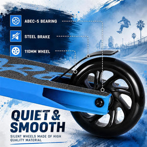Blue and black scooter wheel close-up with feature callouts reading ABC-5 Bearing, Steel Brake, and 110mm Wheel, plus text 'Quiet & Smooth' on a blue graphic background.