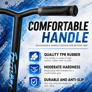 A close-up of a black scooter or kickboard handlebar with a textured black grip and blue branding, set against a blue-and-white graphic background with marketing text about the handle.