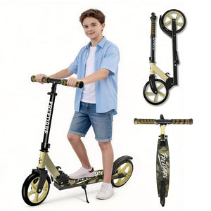 Person holding a scooter with additional scooters displayed on a white background