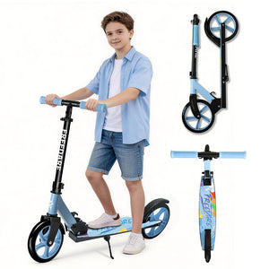 Boy holding a blue scooter with additional scooter images on a white background