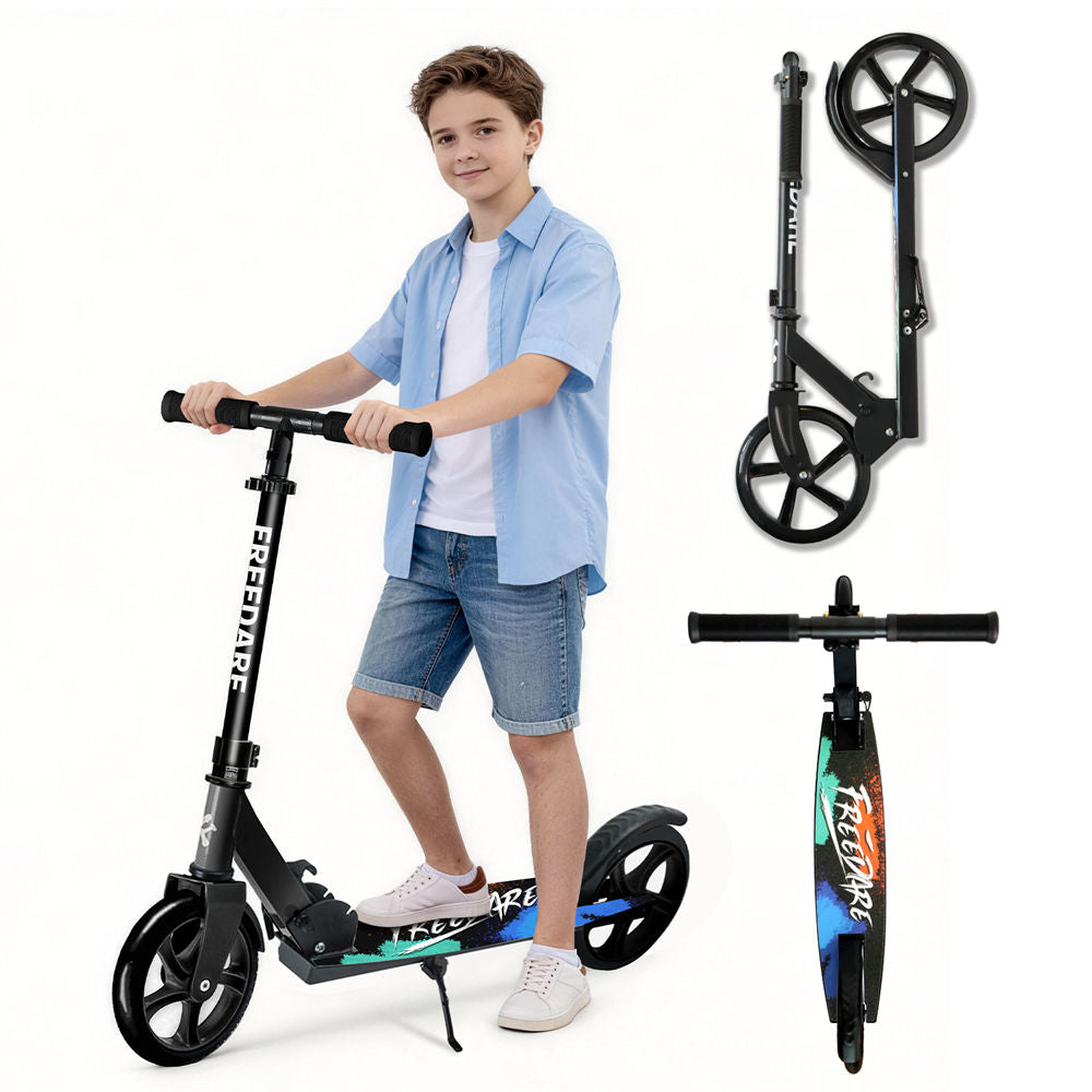 Person holding a scooter with additional scooter parts displayed on a white background