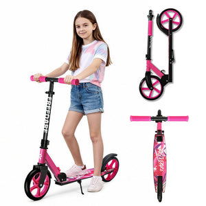 Girl standing next to a pink scooter with additional views of the scooter on a white background