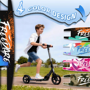 Child riding a scooter with 'Freedare' branding and color design options displayed.