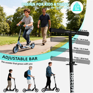 Scooter with adjustable bar for children and teens, shown outdoors with a man and child.