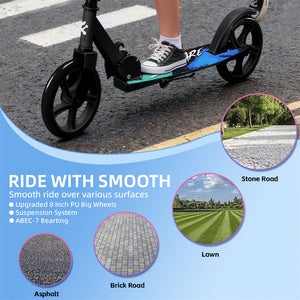 Person riding a scooter on a road with text about smooth ride over various surfaces.