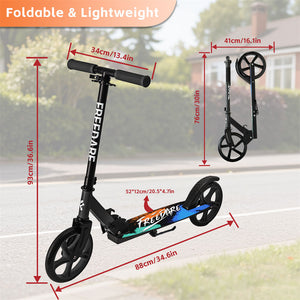Foldable scooter with dimensions displayed outdoors