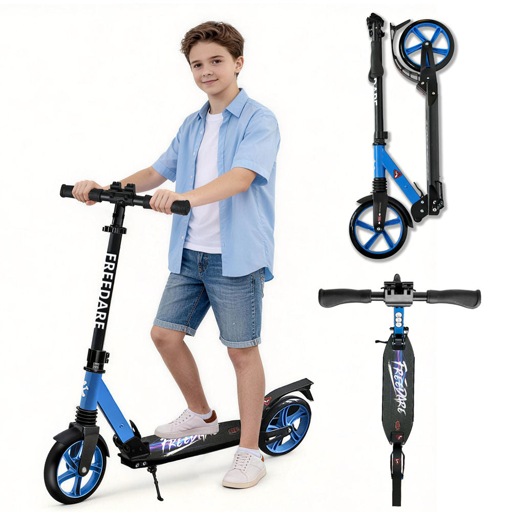 Child holding a blue scooter with additional views of the scooter on a white background