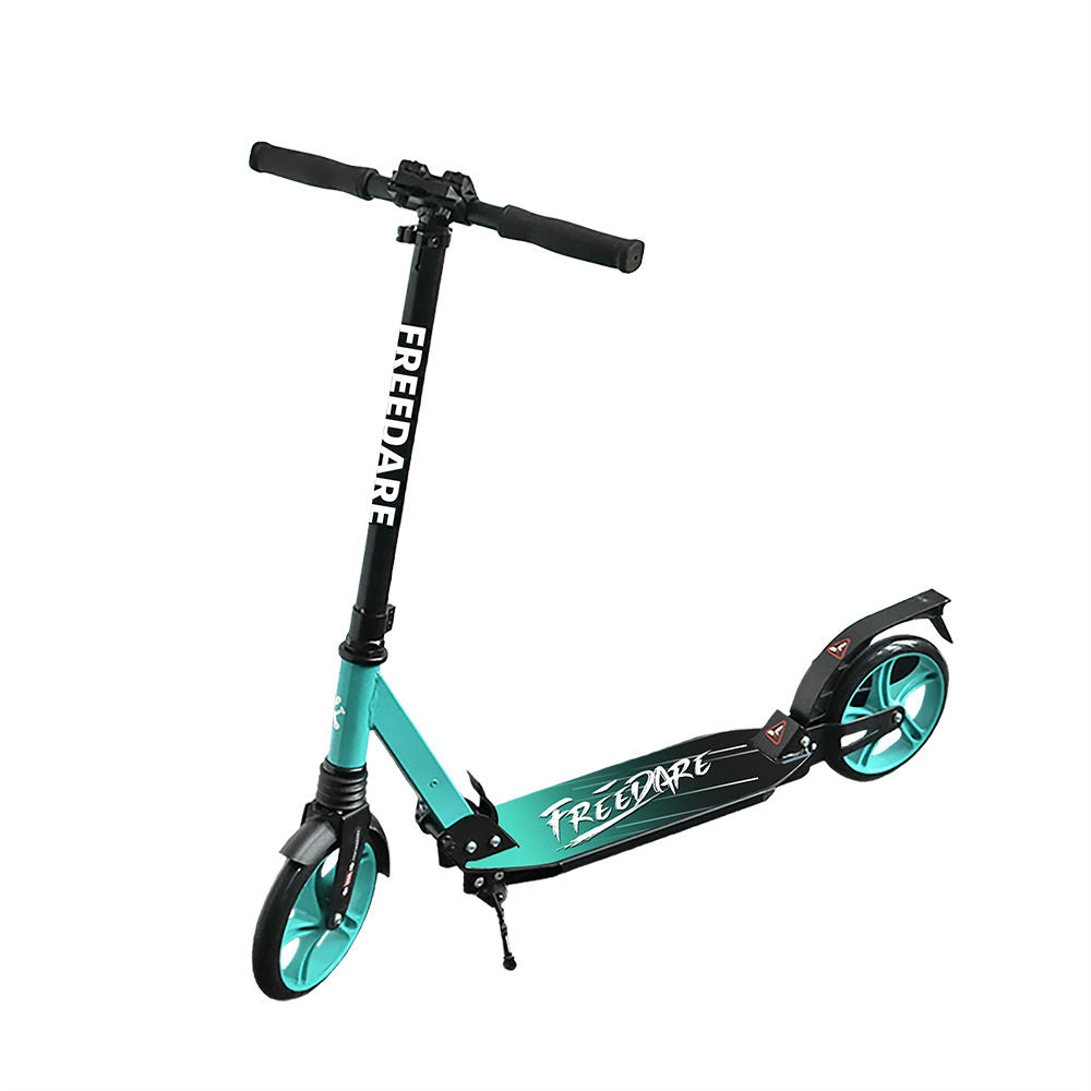 Teal scooter with black handlebars and frame on a white background