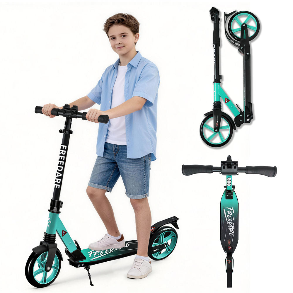 Child holding a teal scooter with 'Freedive' branding, additional scooter shown from different angles on a white background.