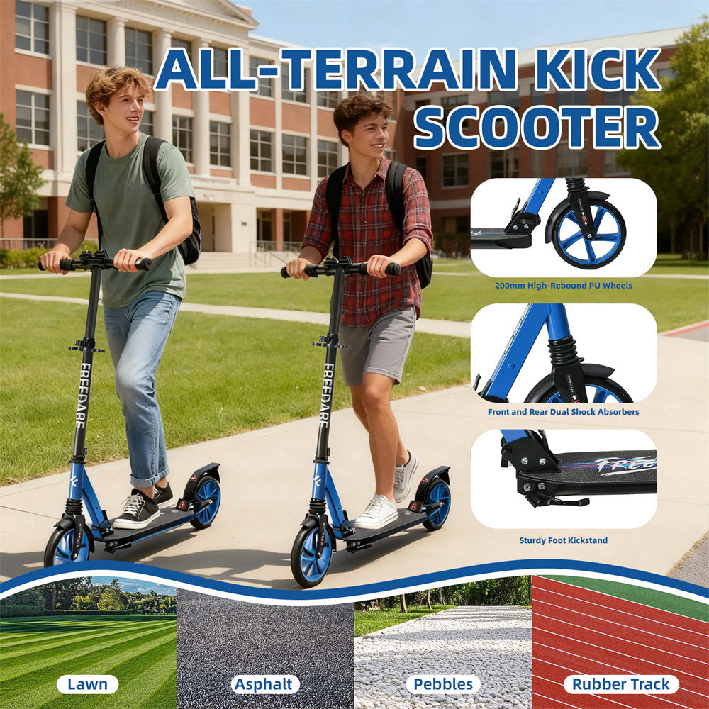 Two people riding all-terrain kick scooters with product features and usage scenarios displayed.