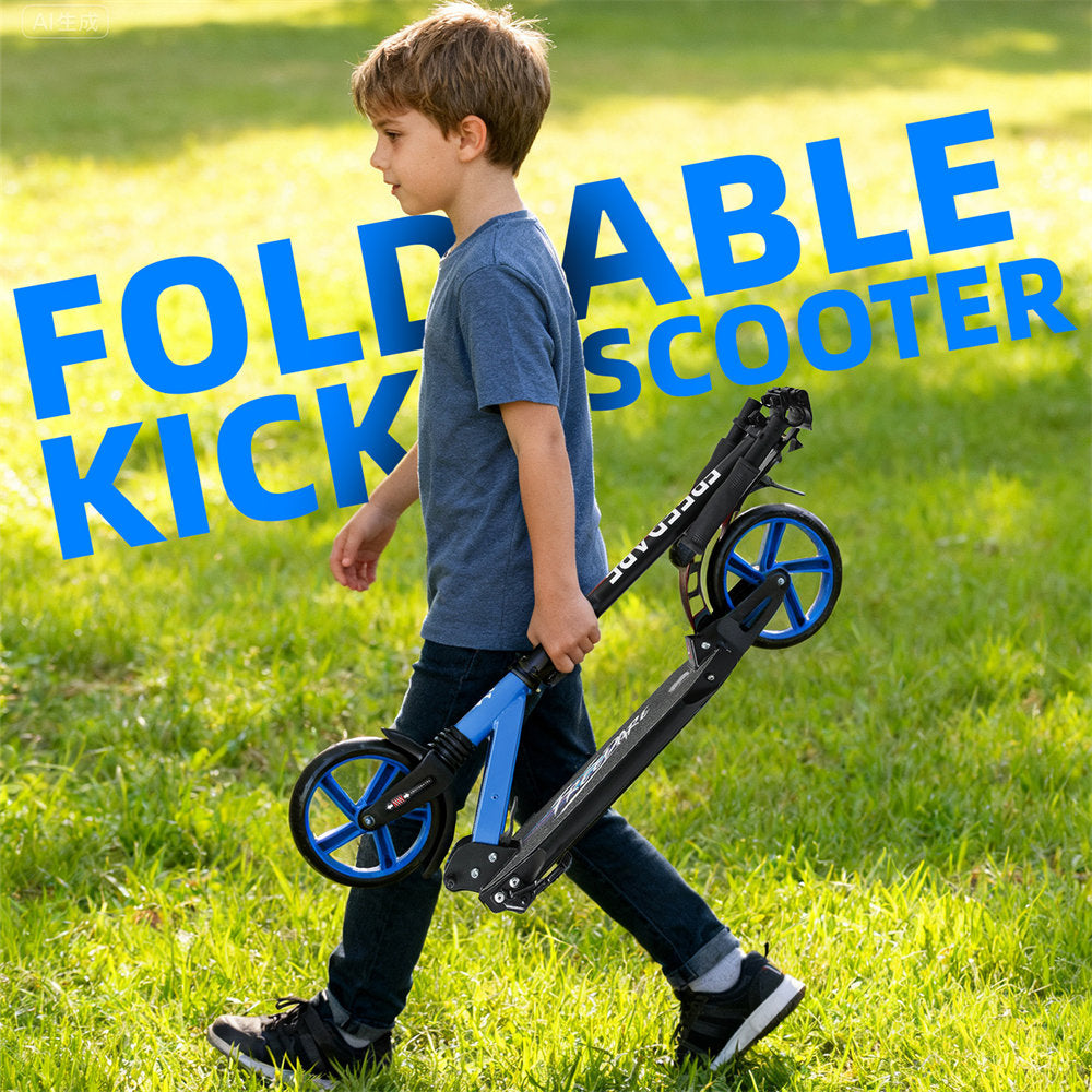 Child holding a folded kick scooter with 'Foldable Kick Scooter' text in the background