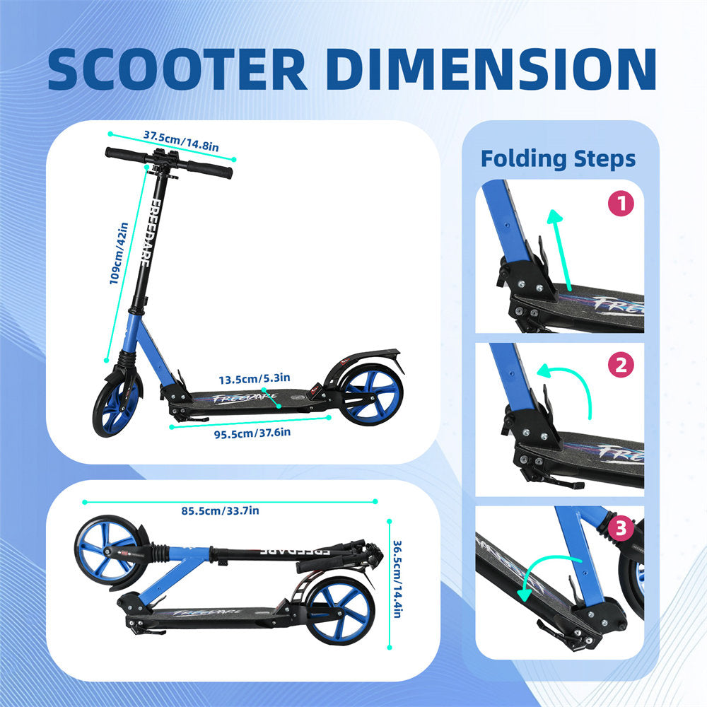 Dimensions and folding steps of a scooter on a blue background