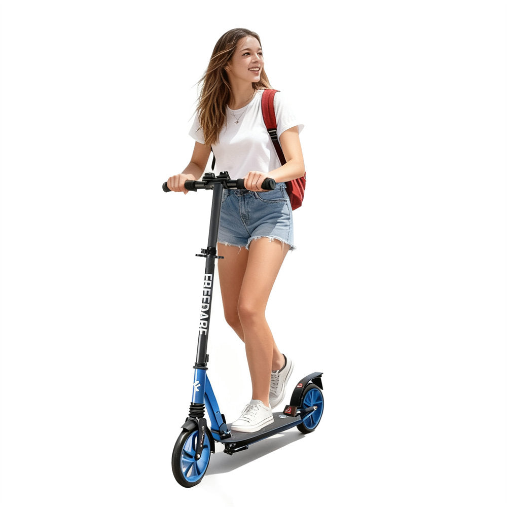 Woman riding a blue scooter on a white background
