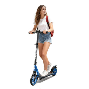 Woman riding a blue scooter on a white background