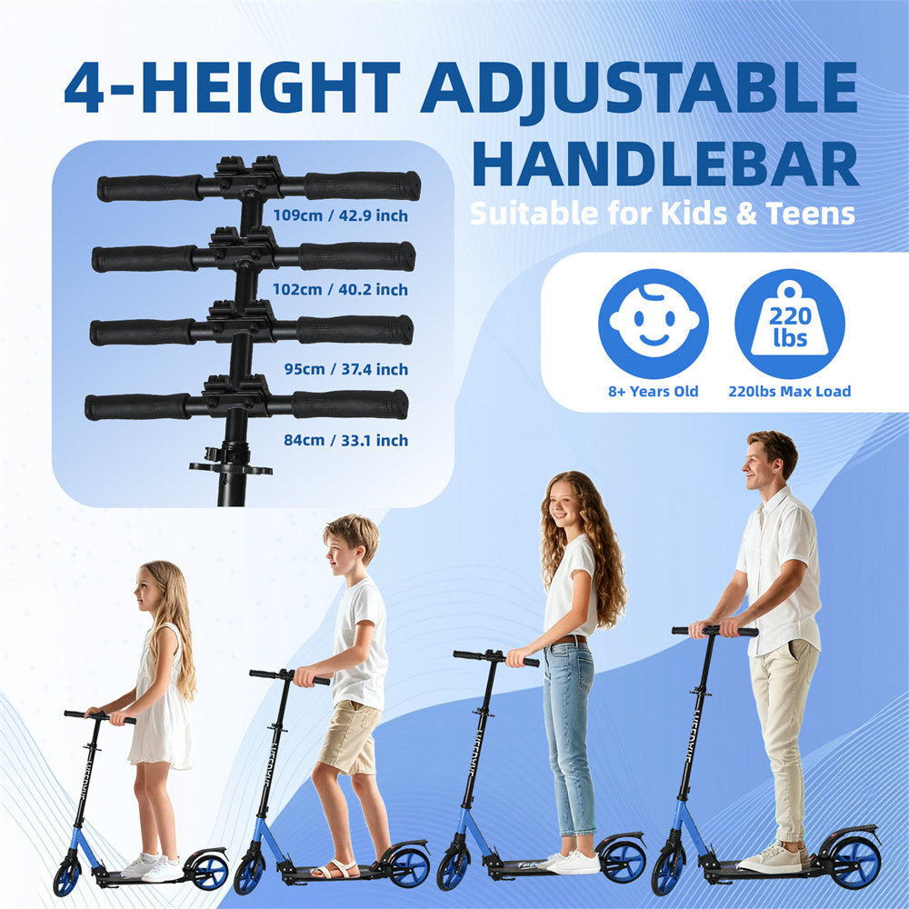 4-height adjustable handlebar for kids and teens with height measurements and weight capacity on a blue background.