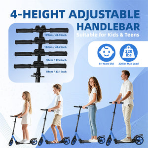4-height adjustable handlebar for kids and teens with height measurements and weight capacity on a blue background.