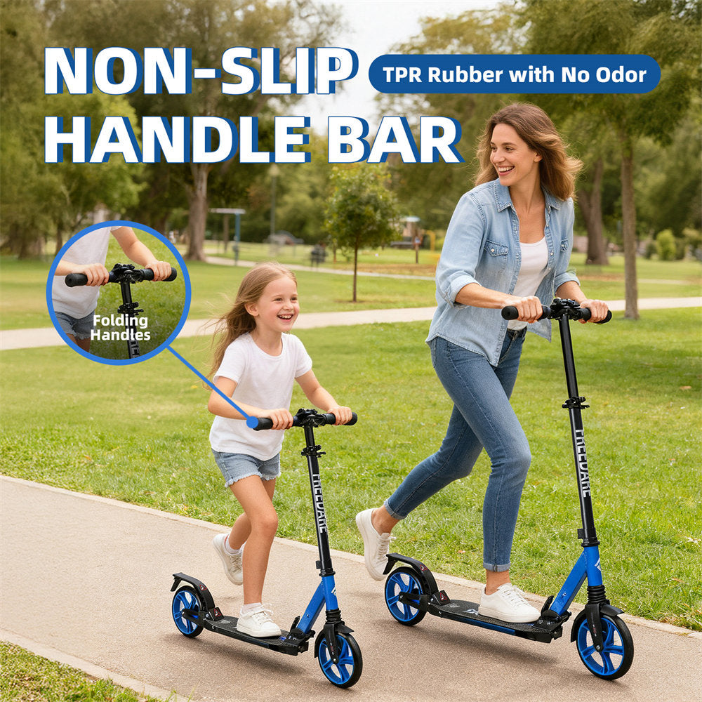 Woman and child riding scooters with non-slip handle bar features in a park.