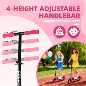 4-height adjustable handlebar for kids and teens with pink grips, suitable for scooter use.