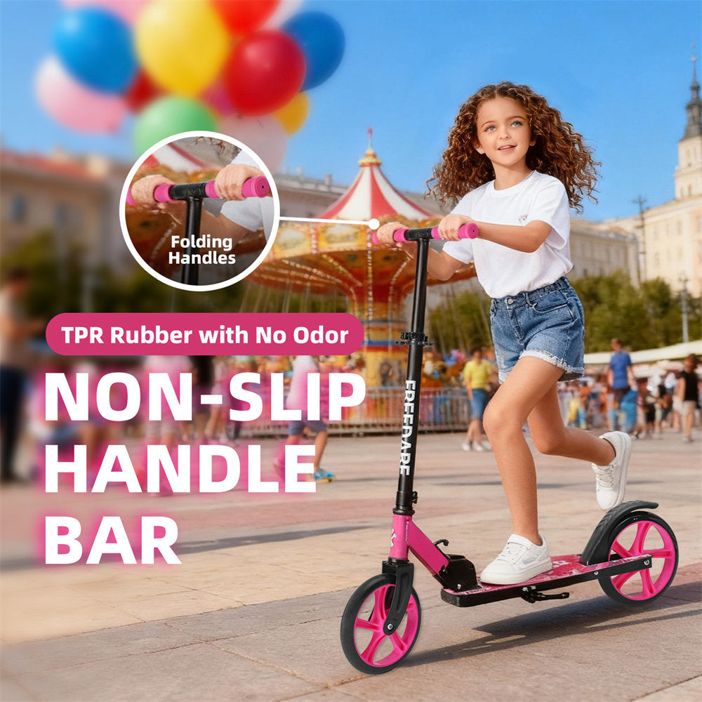 Child riding a scooter with non-slip handle bar in an outdoor setting