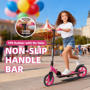 Child riding a scooter with non-slip handle bar in an outdoor setting