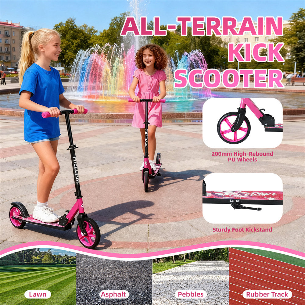 Two children riding pink all-terrain kick scooters with product features highlighted.