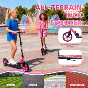 Two children riding pink all-terrain kick scooters with product features highlighted.