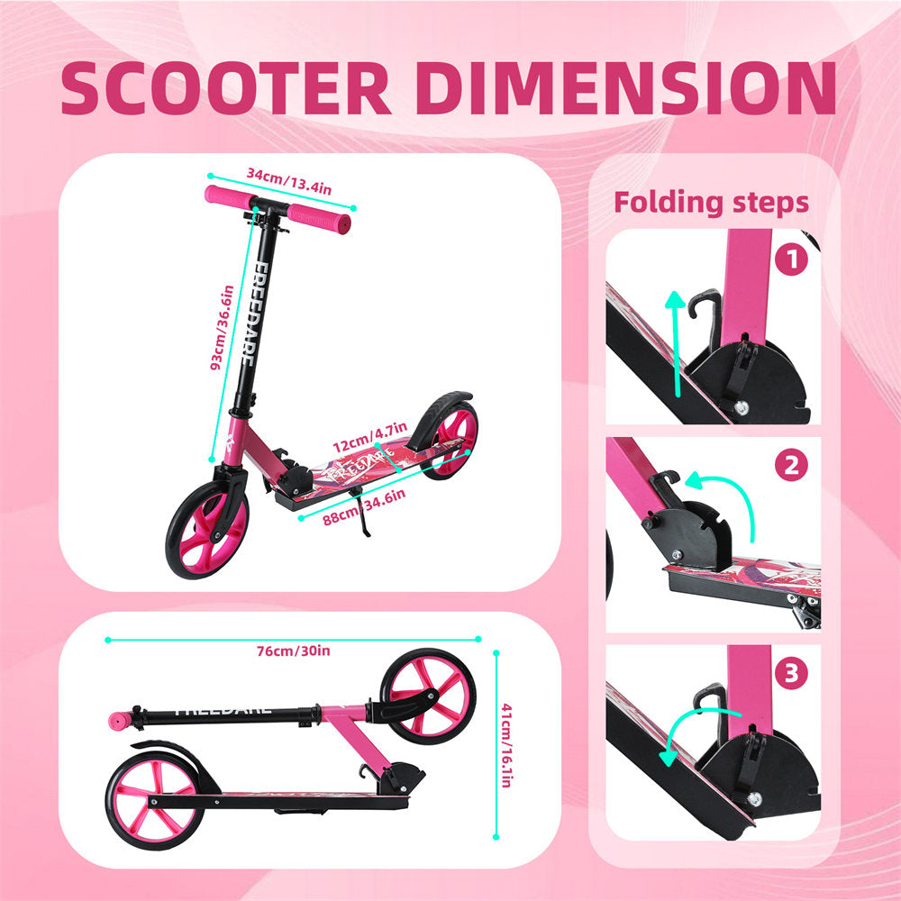 Scooter dimensions and folding steps on a pink background