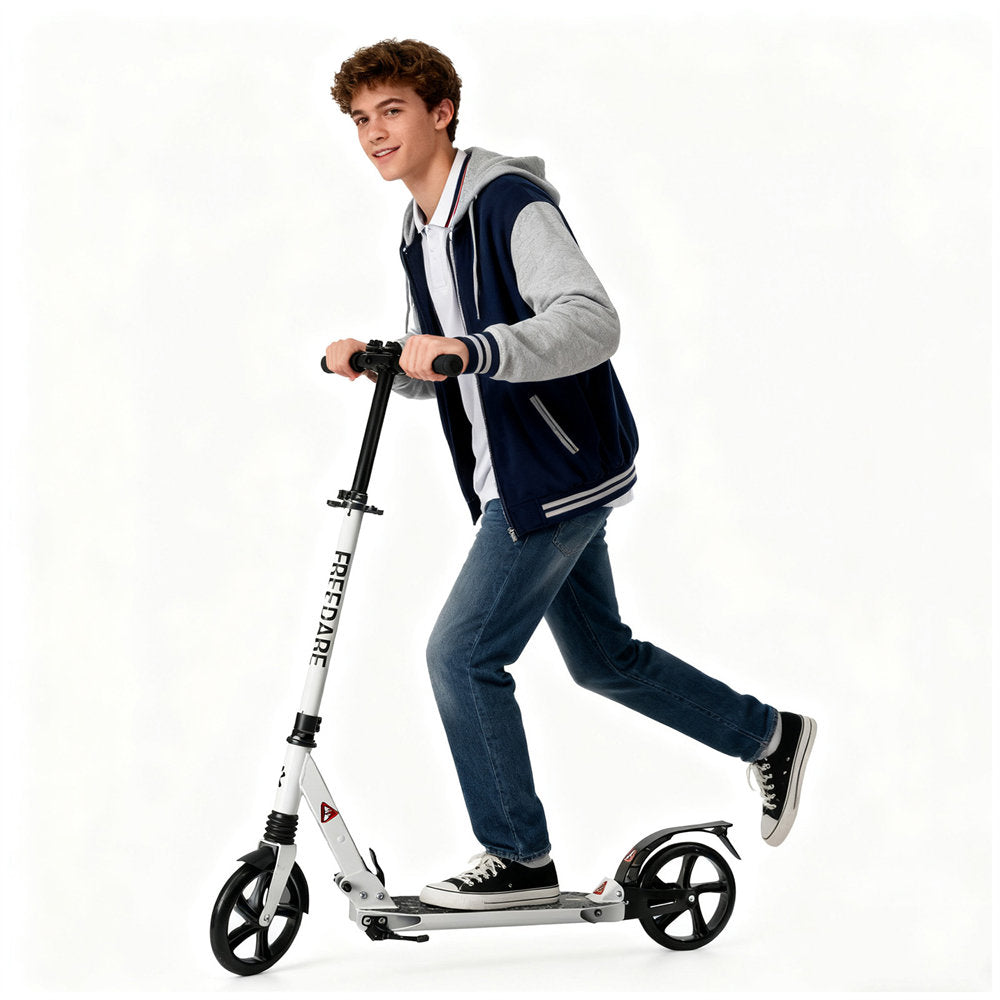 Person riding a scooter on a white background